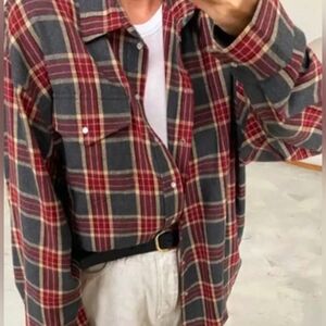NWT Oxblood Red and Charcoal Grey Plaid Flannel Button Up Shirt